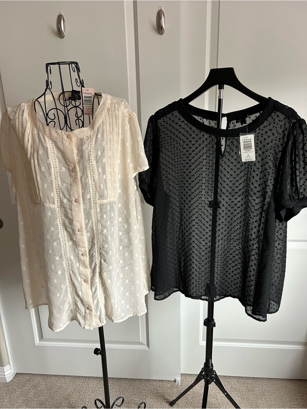 Lightweight Ivory Button-Front Swiss Dot Blouse - Women's Top